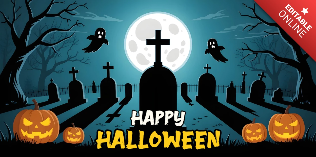 Spooky Halloween-Nacht, verdrehte Bäume, Grabsteine & Süßes oder Saures Gruß YouTube Cover-Design-Vorlage