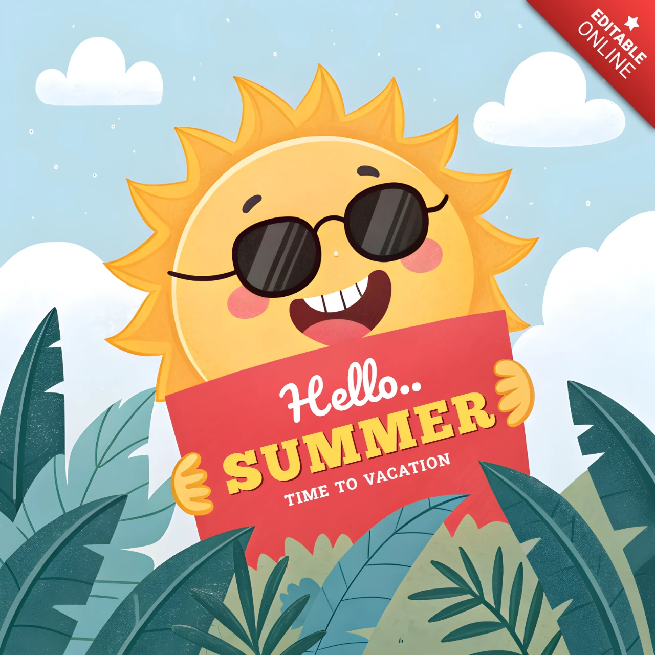 Modelo de design de férias de verão divertido com ilustração de sol alegre
