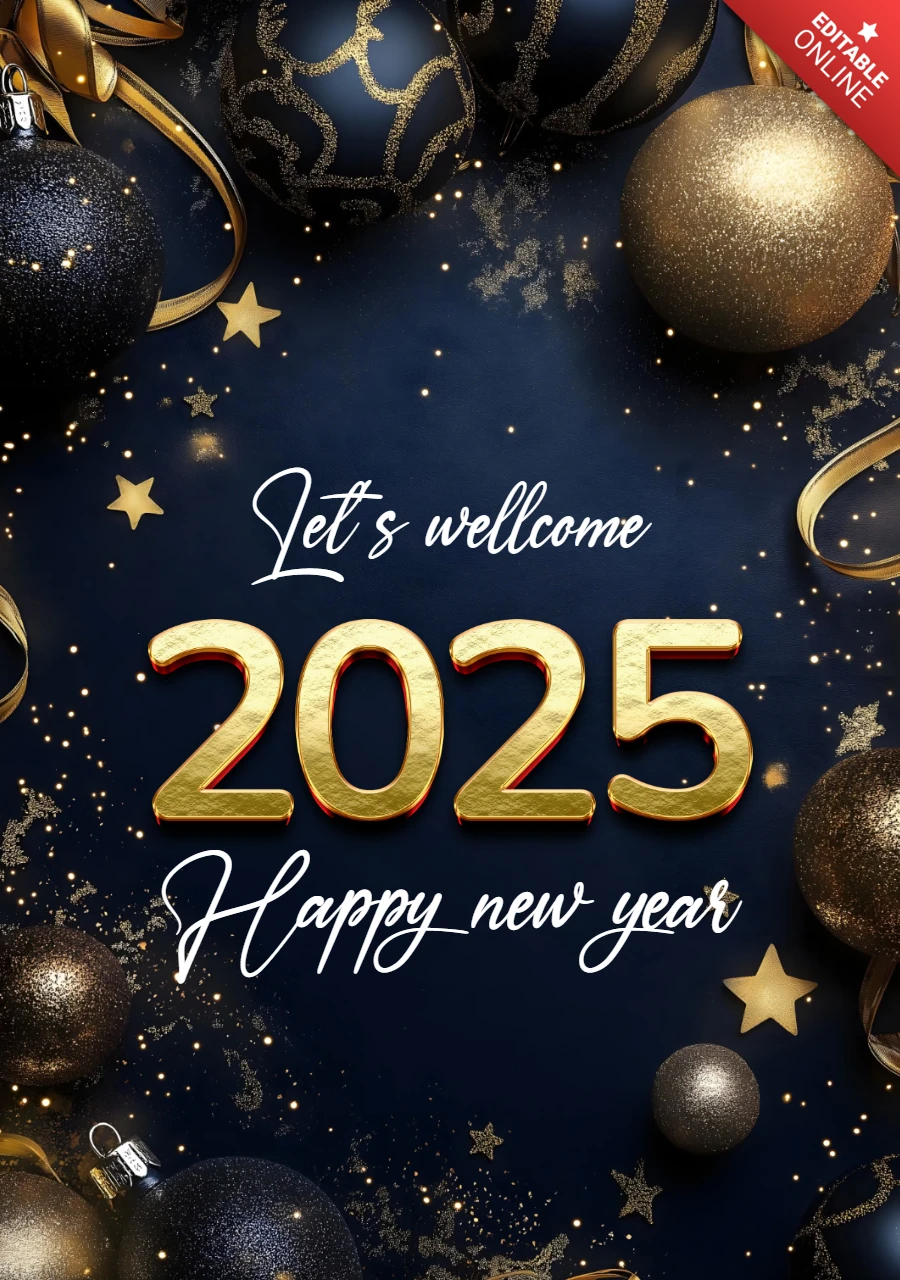 Dark Blue and Gold New Year 2025 Greeting Design Template