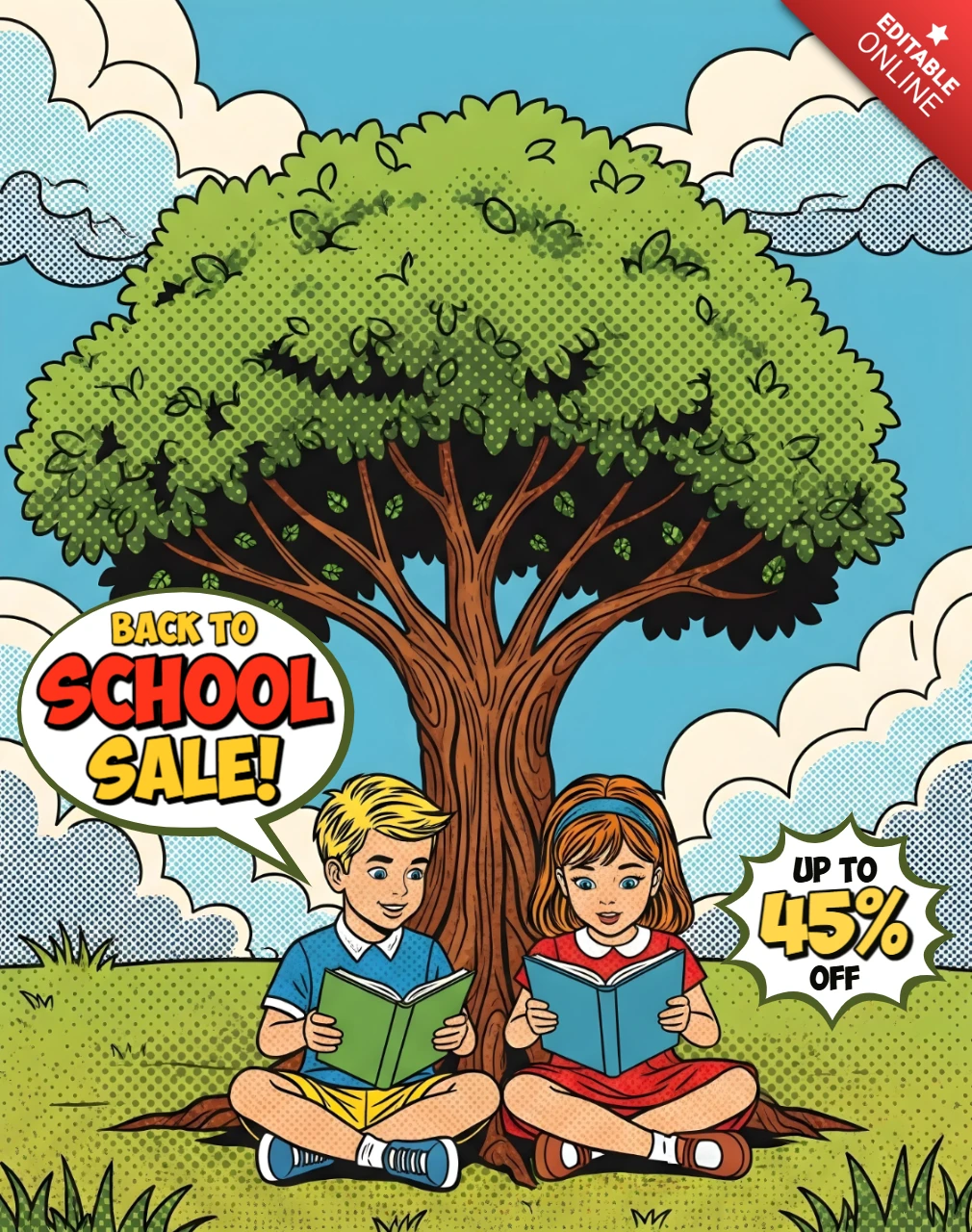Arte de cómic estilo niños leyendo bajo un árbol para venta de regreso a clases con libros y diseño de insignia de descuento para volantes promocionales.