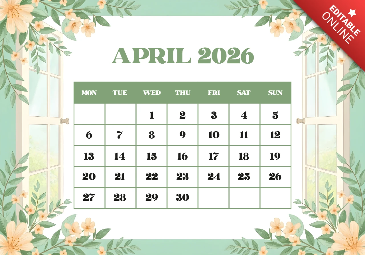 Póster de calendario de abril de 2026 — flores de color naranja claro, hojas verdes y arte decorativo de borde de ventana alegre.
