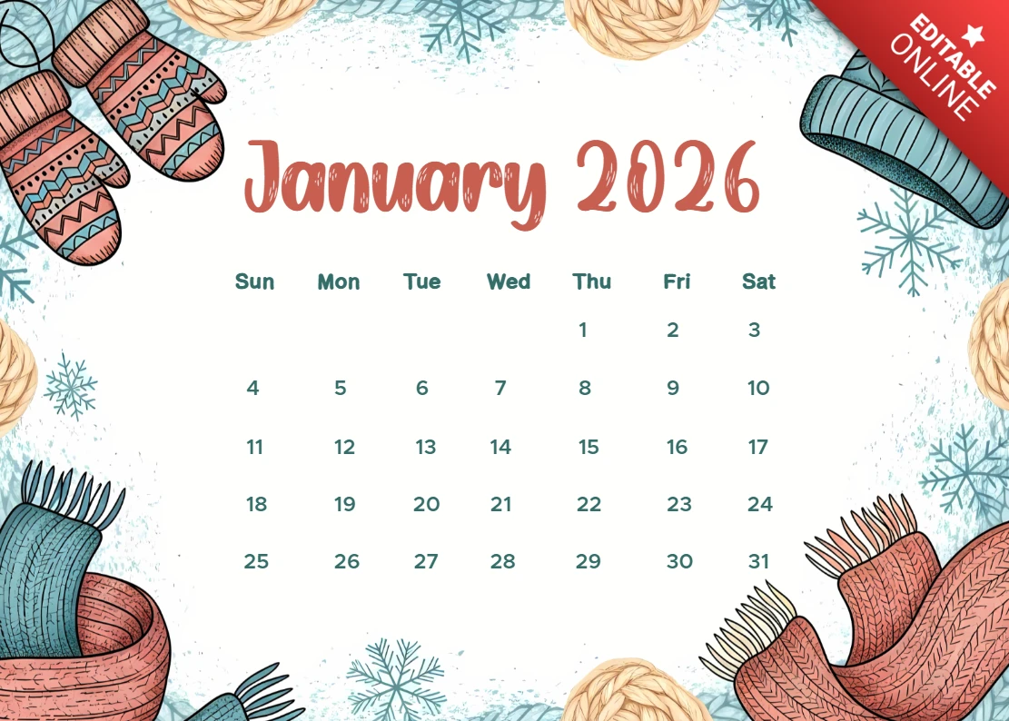 Modelo de calendário de inverno aconchegante com design de acessórios de tricô para 2026
