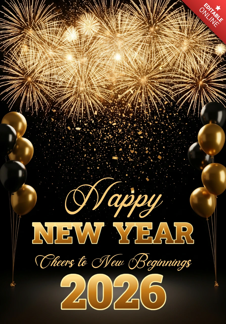 Black Background with Gold Fireworks, Balloons & Cheers to New Beginnings Happy New Year 2026 Greeting Card