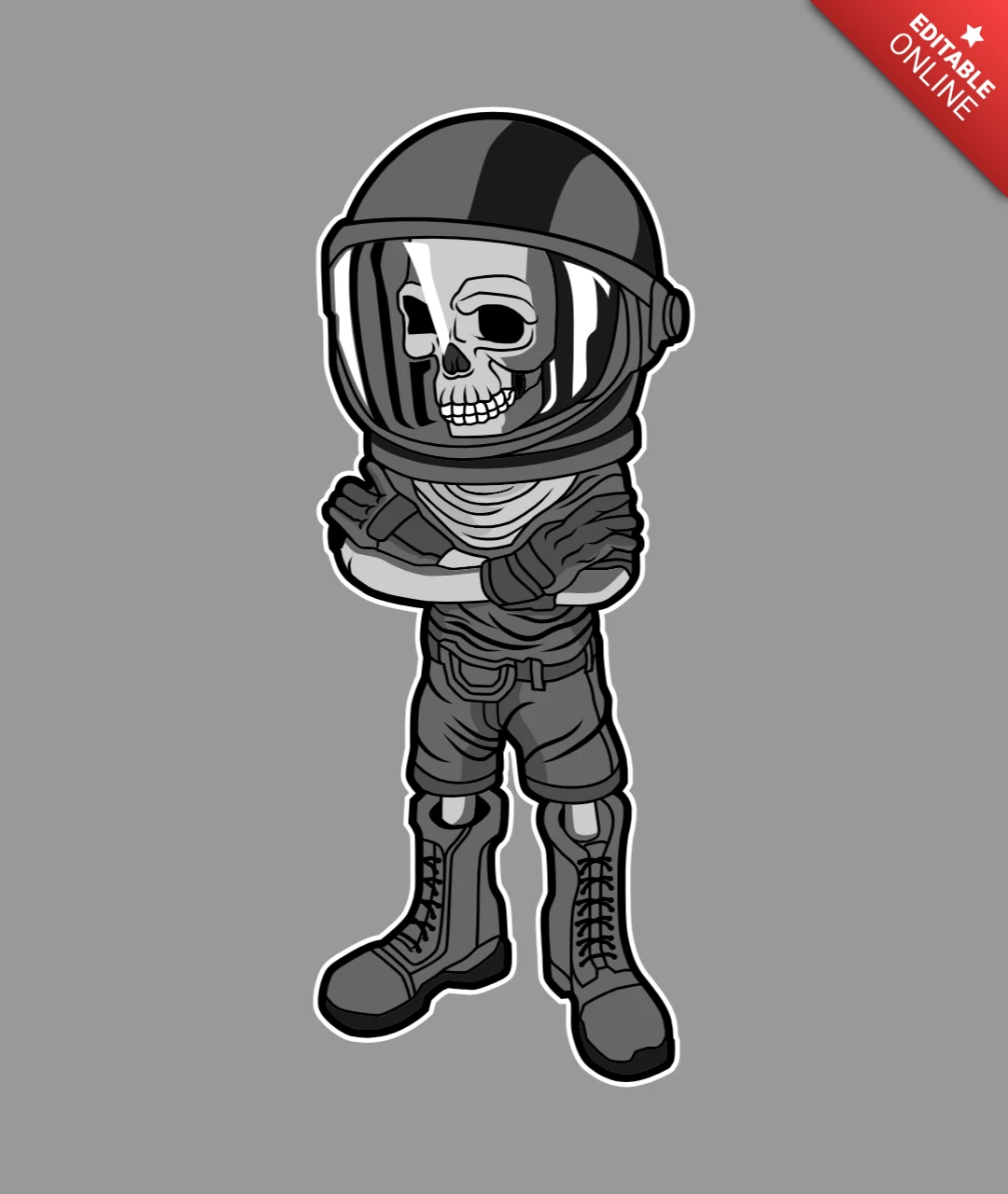 Modello di design per maglietta con caricatura a fumetti e casco a forma di teschio e cultura pop