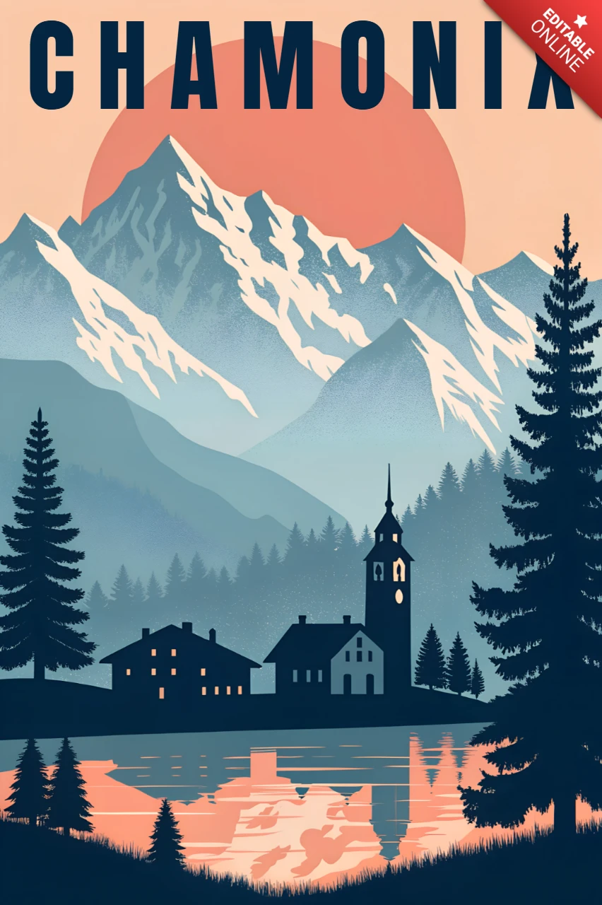 Chamonix Mountain Landscape Retro Design Template for Posters