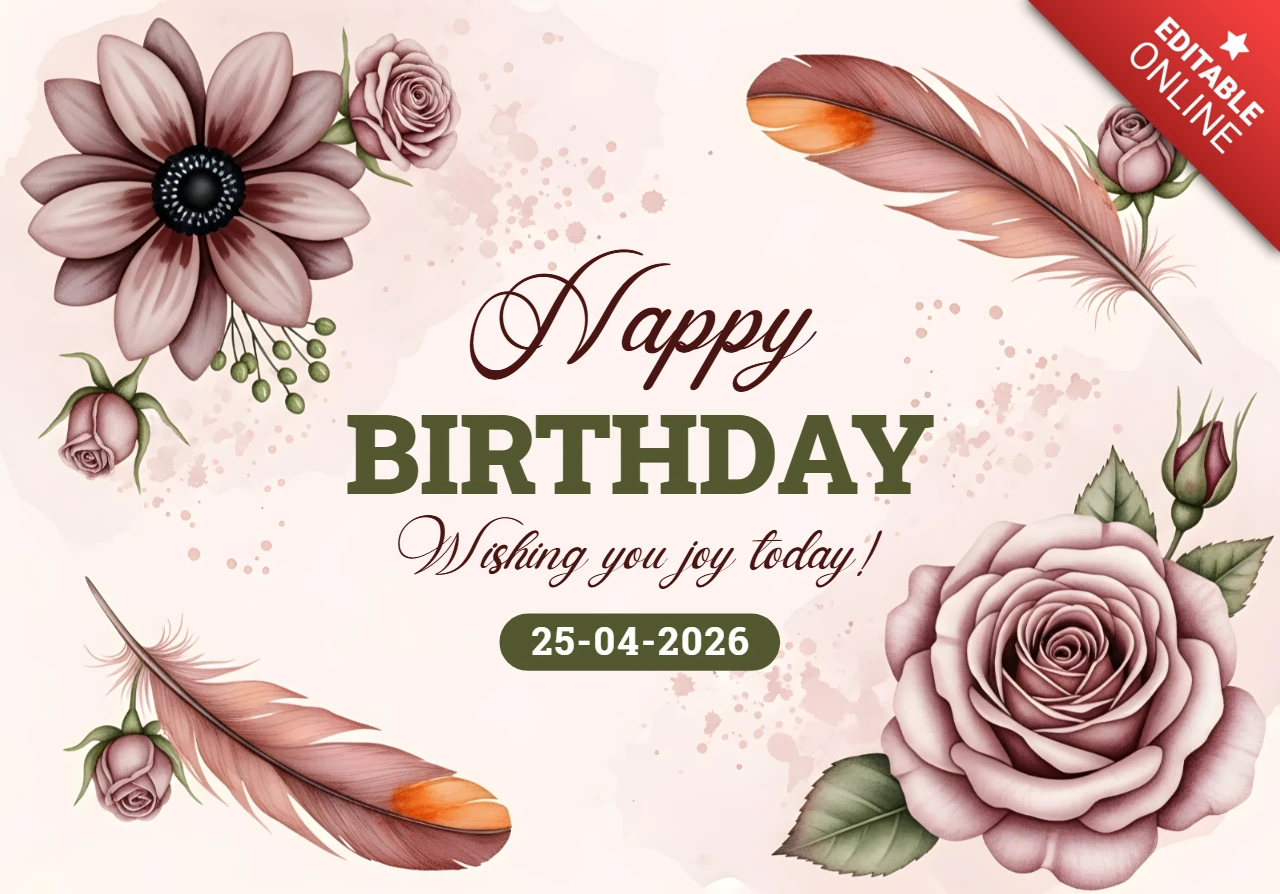 Template de cartão de aniversário floral com design elegante de rosas e penas.