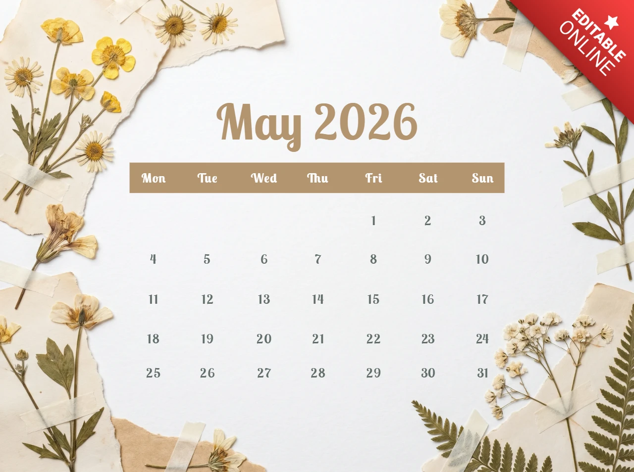 Monatskalenderplakat Mai 2026 - botanische gepresste Blumen und Blätter Dekoration