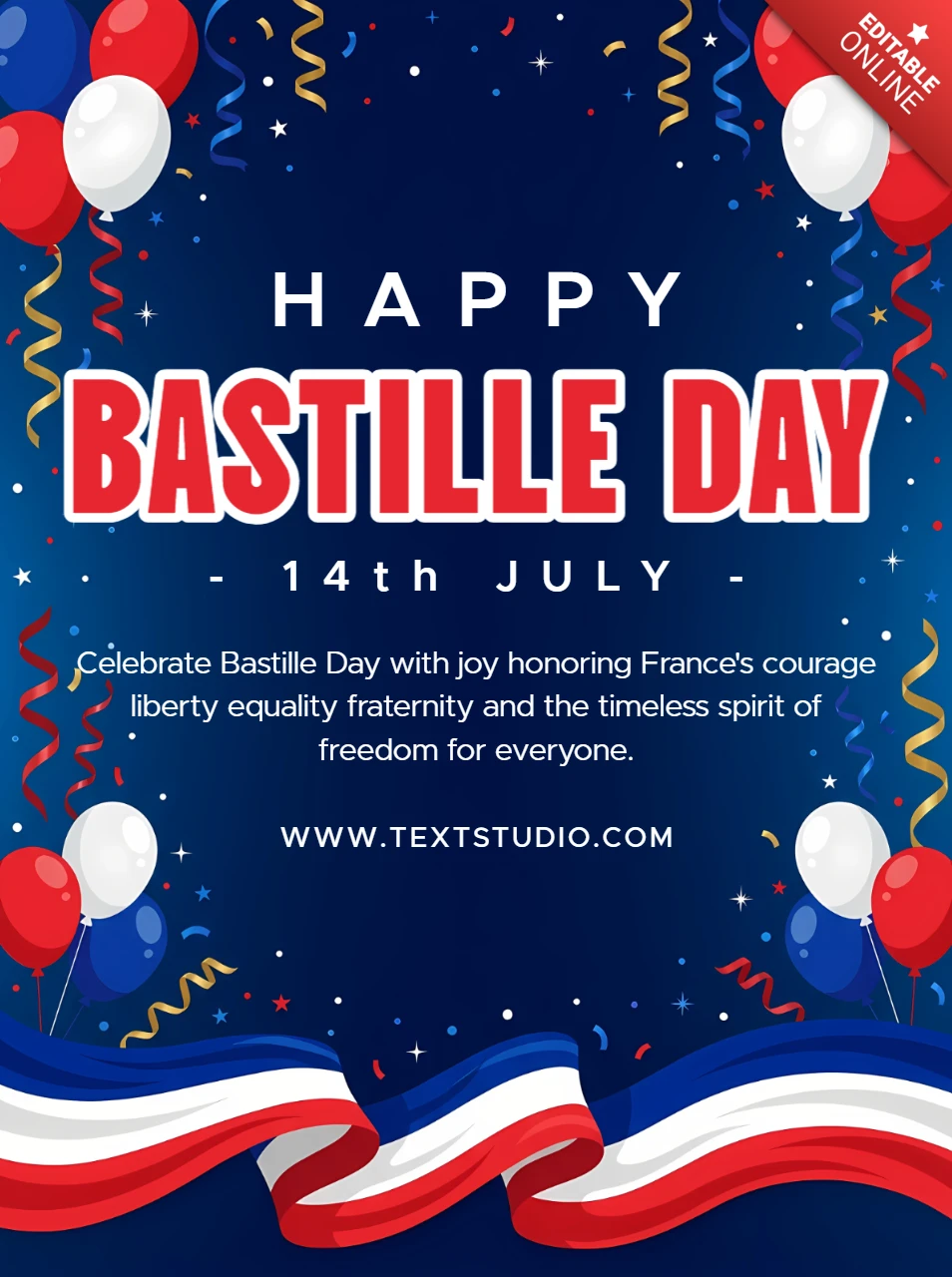 Cartão de felicitações feliz Dia da Bastilha com balões tricolores franceses e decorações festivas