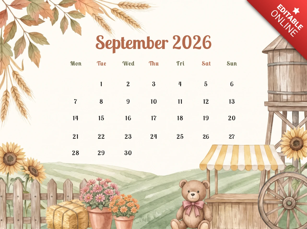 September 2026 calendar page with cute teddy bear and sunflower garden illustration
