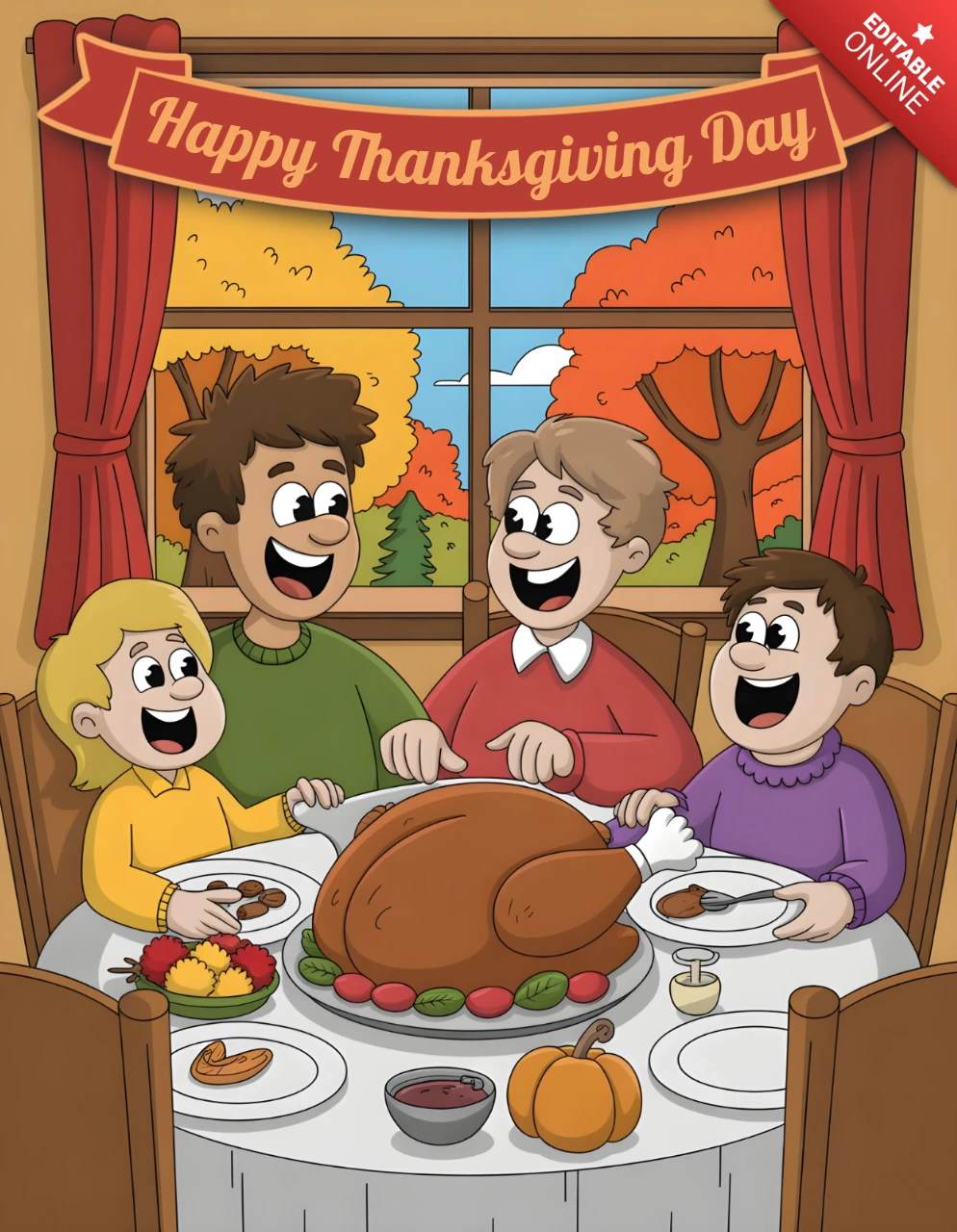 Escena de cena familiar con cortinas rojas, tazón de frutas y caras sonrientes, plantilla de diseño de banner de tarjeta de saludo de acción de gracias.