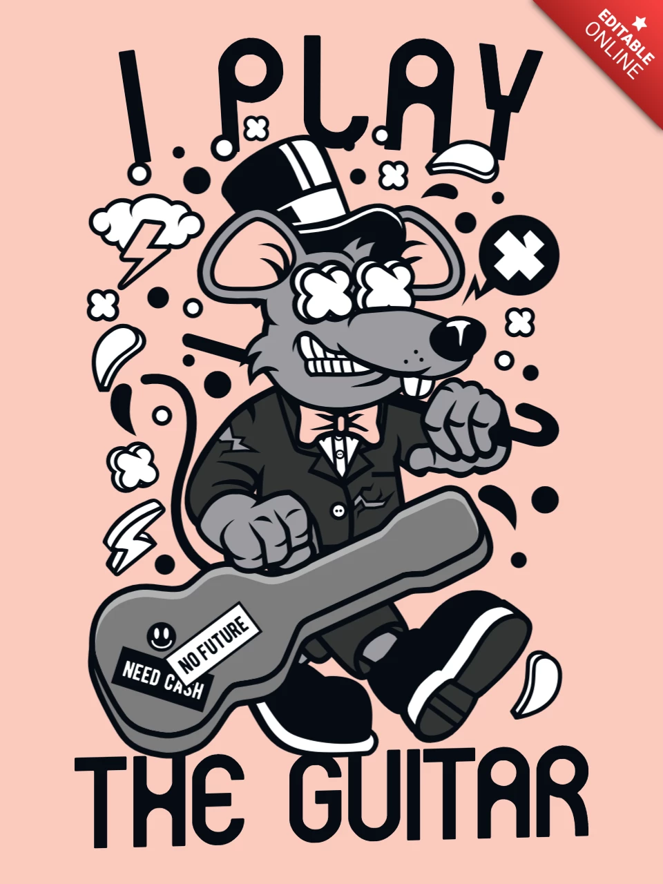 Je joue du modèle de conception de t-shirt de rat de guitare