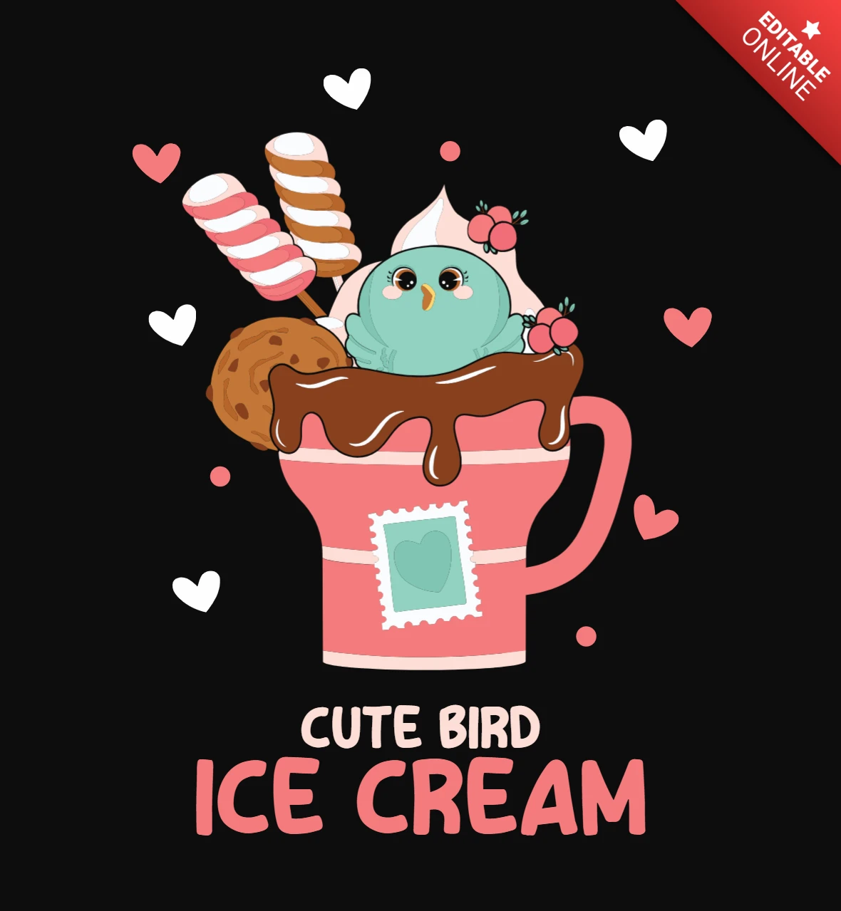 Diseño de camiseta de San Valentín con helado de pájaro kawaii