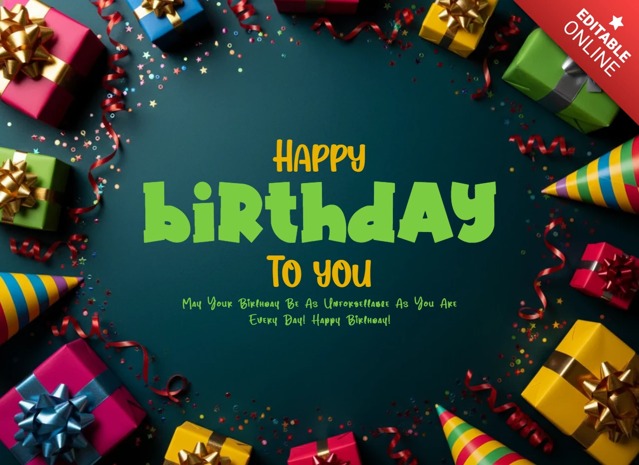 Cartel decorativo de cumpleaños fondo azul oscuro con globos, confeti, cajas de regalo y un mensaje de cumpleaños alegre.