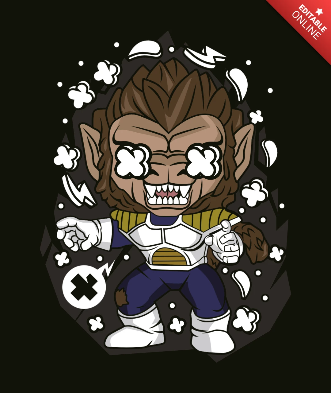 Plantilla de diseño de camiseta de cultura pop con el mono Vegeta