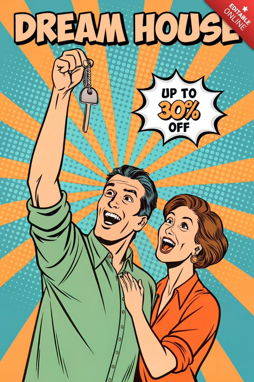 Plantilla de diseño de casa de ensueño de pop art para promociones inmobiliarias