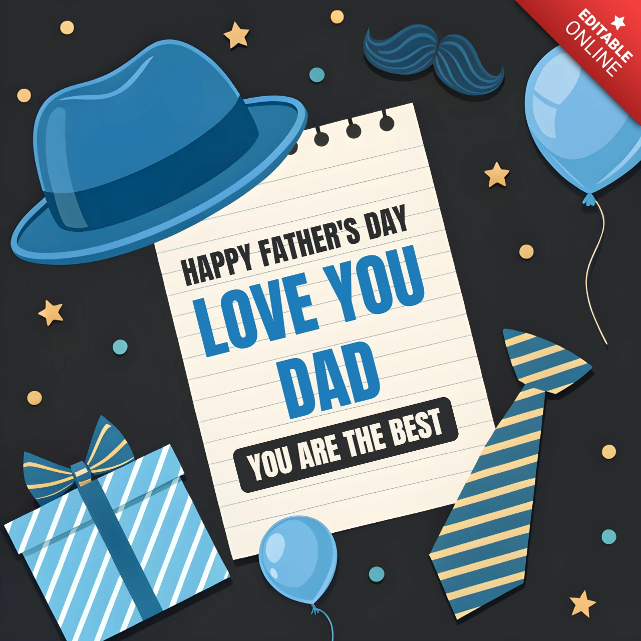 Father's Day Wishes and Gifts in Blue and Black Design for Greetings Template