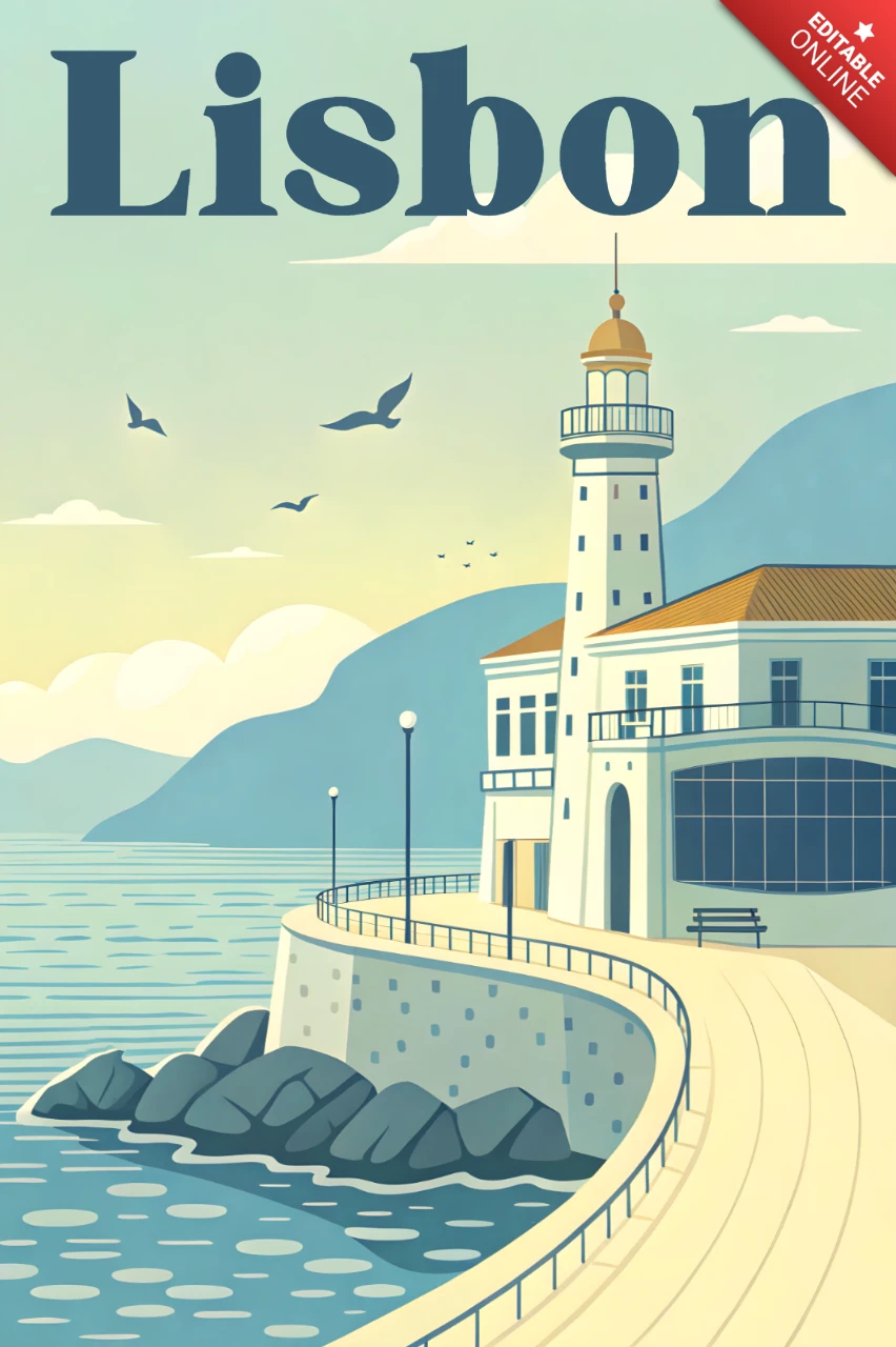 Plantilla de diseño vintage de faro de Lisboa para carteles de viaje