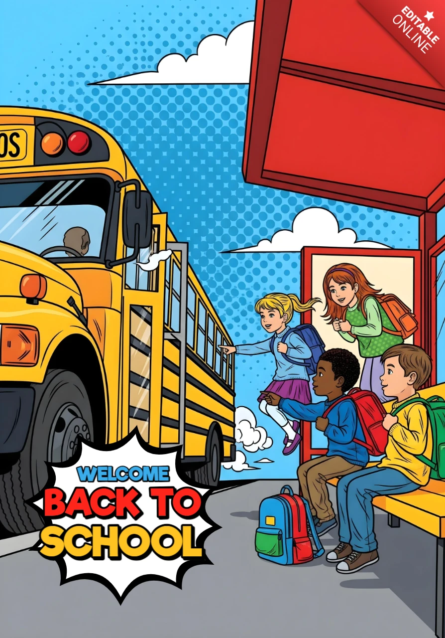 Welcome Back to School Students at Bus Stop with Yellow School Bus and Comic Burst Poster Design Template