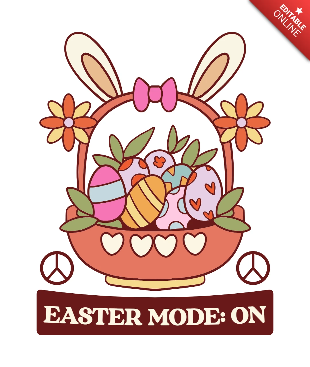 Modo de Pascua activado, diseño de plantilla de camiseta con cesta de orejas de conejo, huevo colorido y flores.