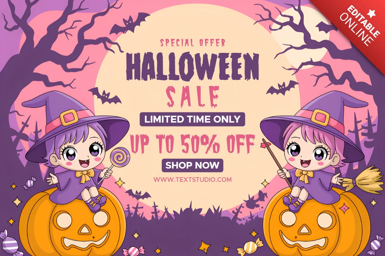 かわいい魔女キャラクターを使った遊び心満載のハロウィンセールテンプレート、プロモーションフライヤー用