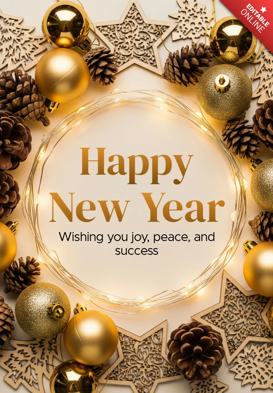 New Year Greeting Template Festive Design with Wooden Snowflakes and Warm Holiday Glow