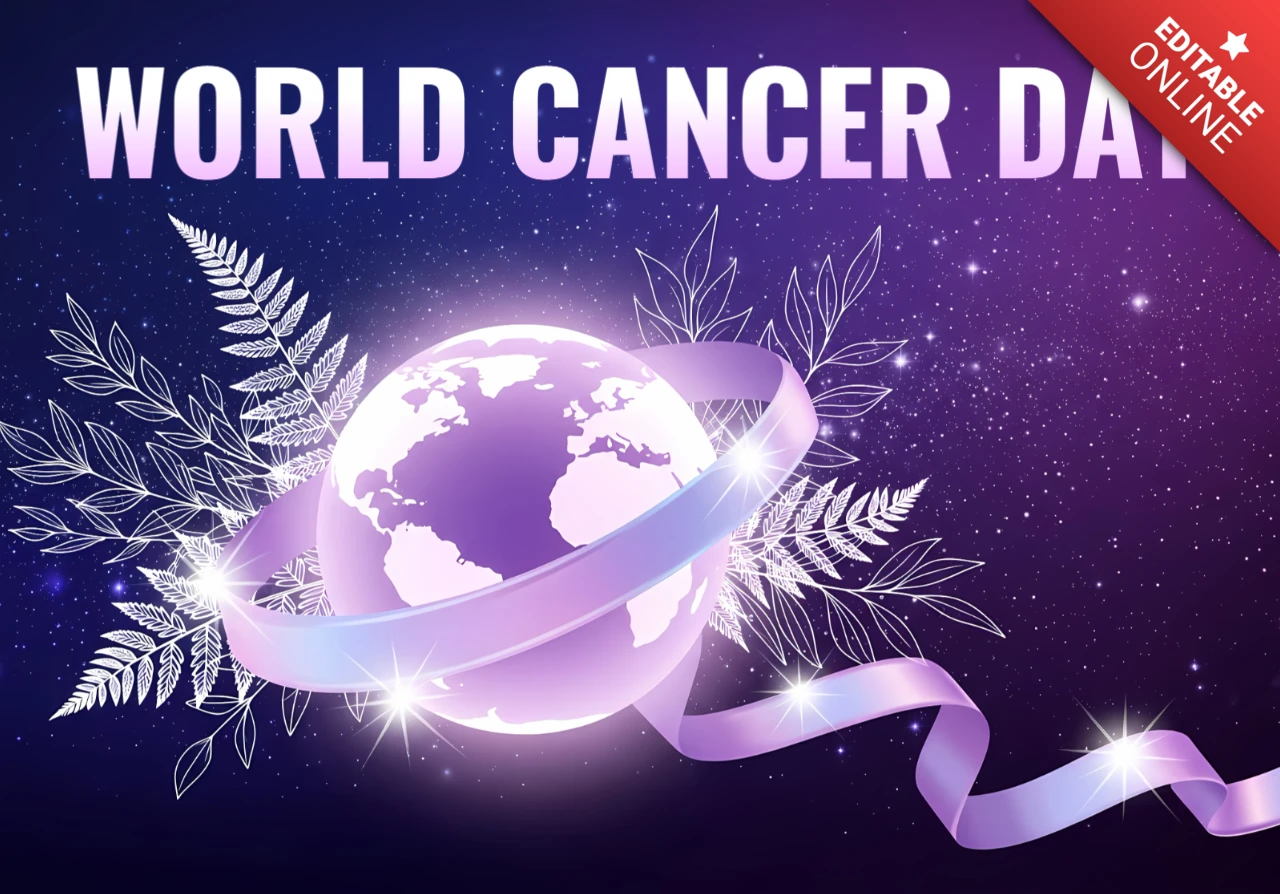 Plantilla de diseño para el día mundial del cáncer con elementos de globo y florales para campañas de concienciación.