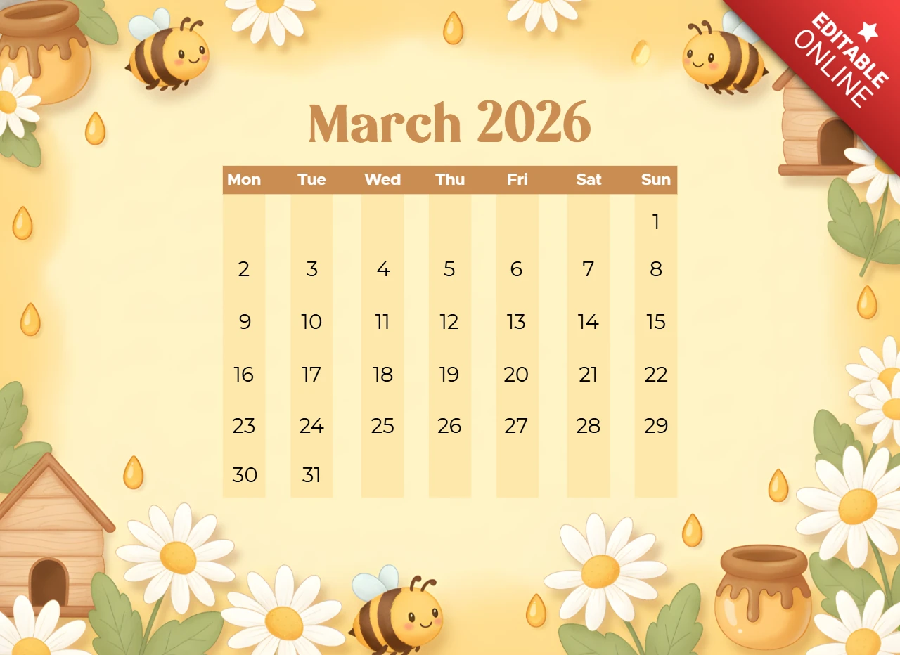 季節の2026年3月のカレンダーアートワーク、蜂の巣、花、そして遊び心あふれるイラスト付き