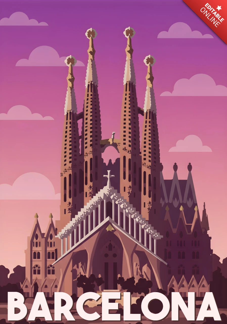 Basilique de la Sagrada Família à Barcelone au crépuscule avec un ciel rose-violet modèle de design d'affiches de voyage