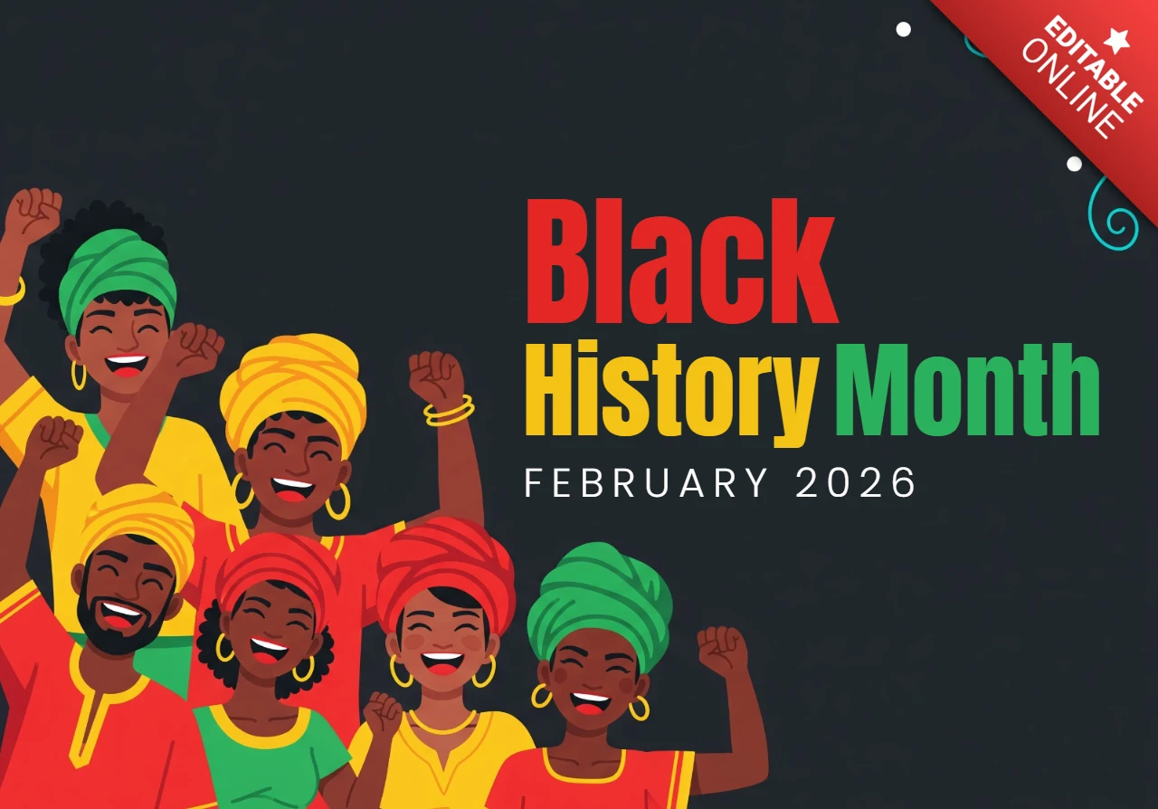 Affiche du mois de l'histoire des Noirs 2026 six figures souriantes en tenue africaine traditionnelle avec les poings levés célébrant l'héritage, l'unité et la fierté culturelle.
