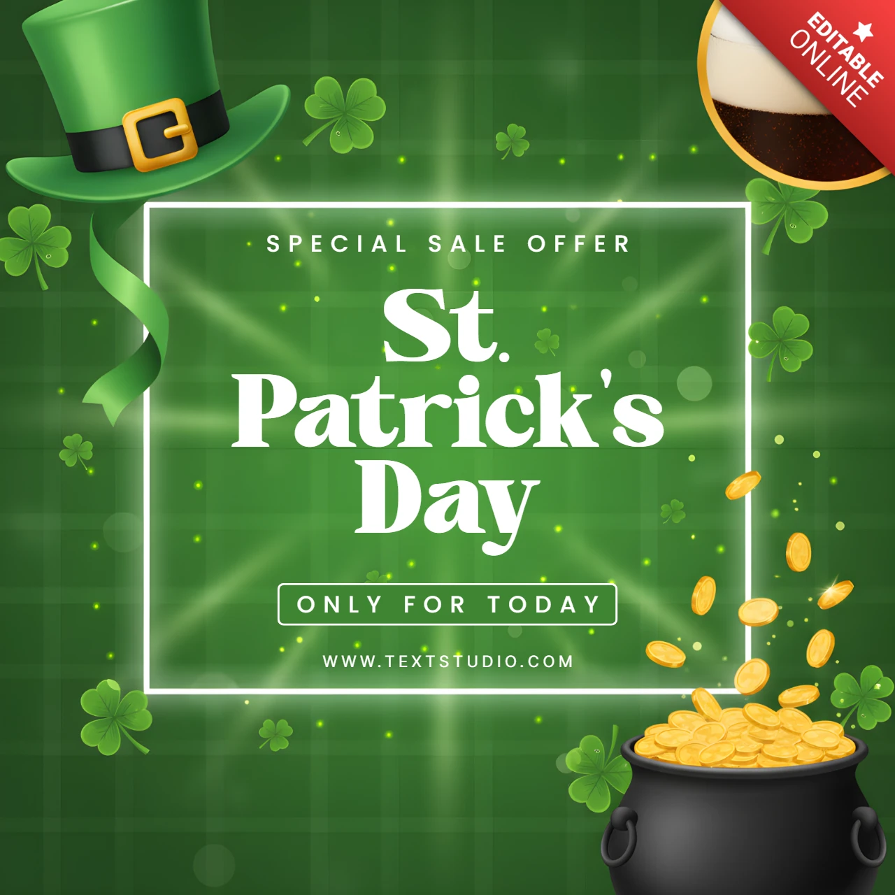 Modèle d'affiche de vente pour la Saint-Patrick avec des trèfles, un chapeau de leprechaun et un pot d'or.