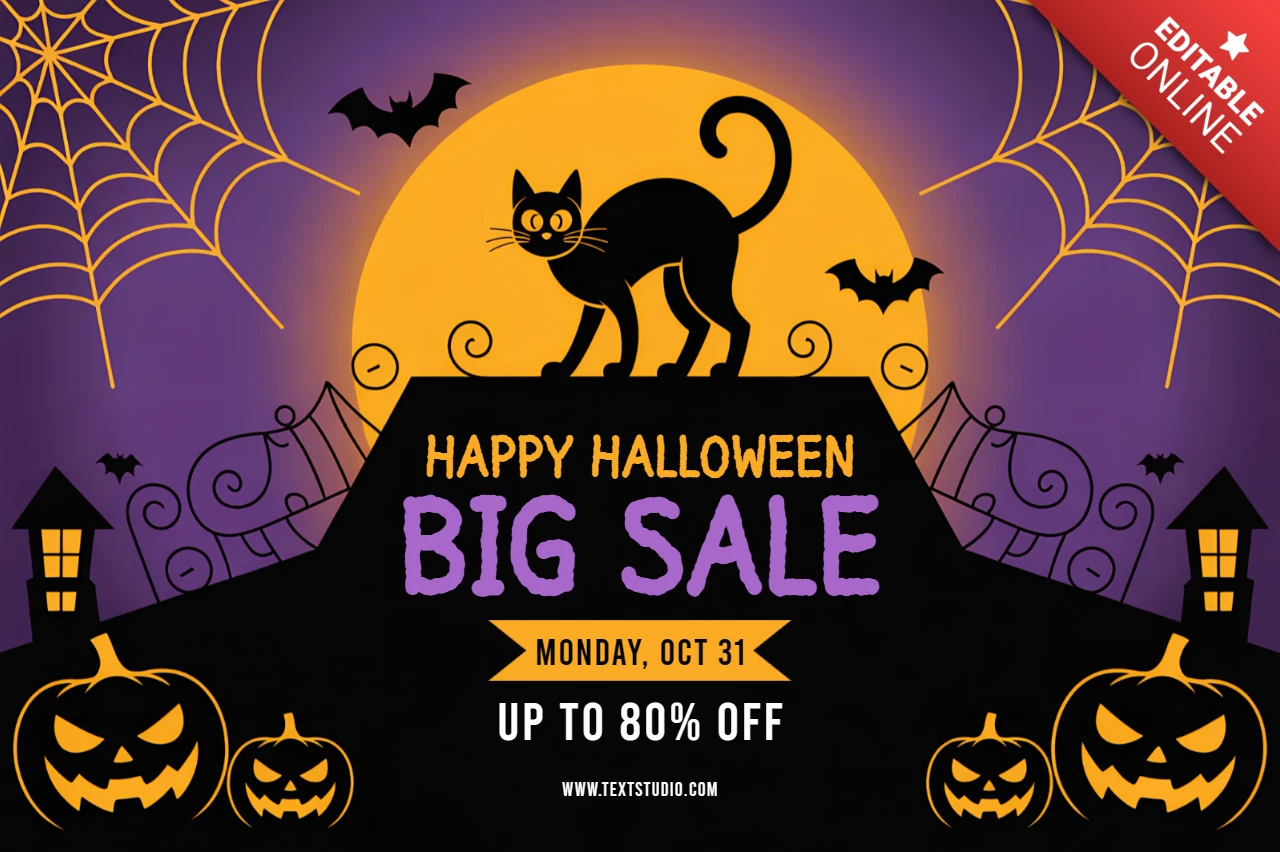 Modèle de design de vente d'Halloween effrayant avec un chat et des citrouilles pour des flyers