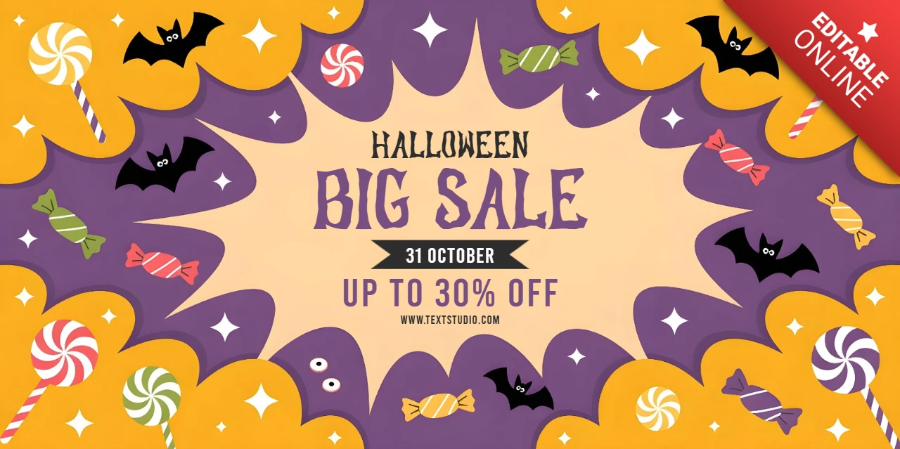 Joyeux Halloween thème violet et orange avec annonce de grande vente modèle de couverture YouTube