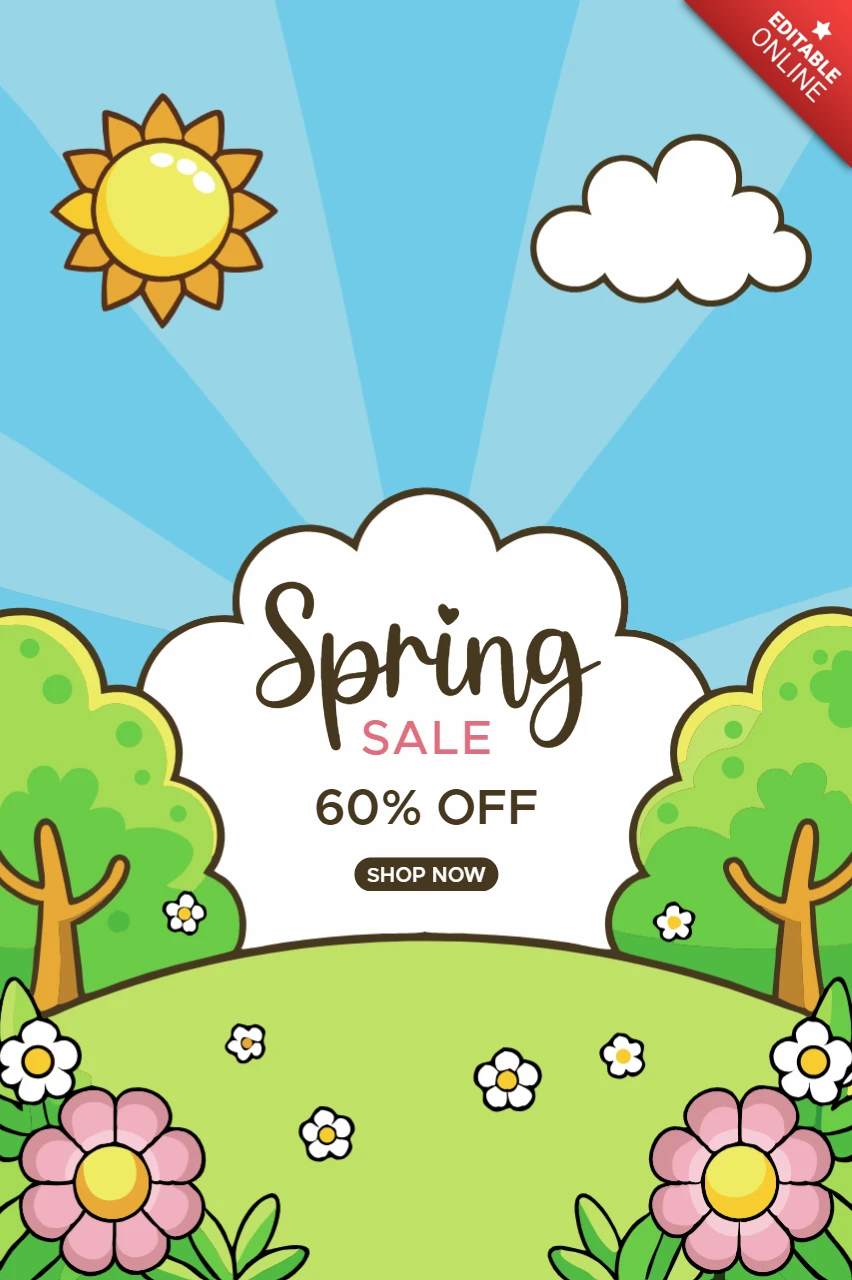 Plantilla de diseño de venta de primavera - estilo de dibujos animados juguetón con flores y sol