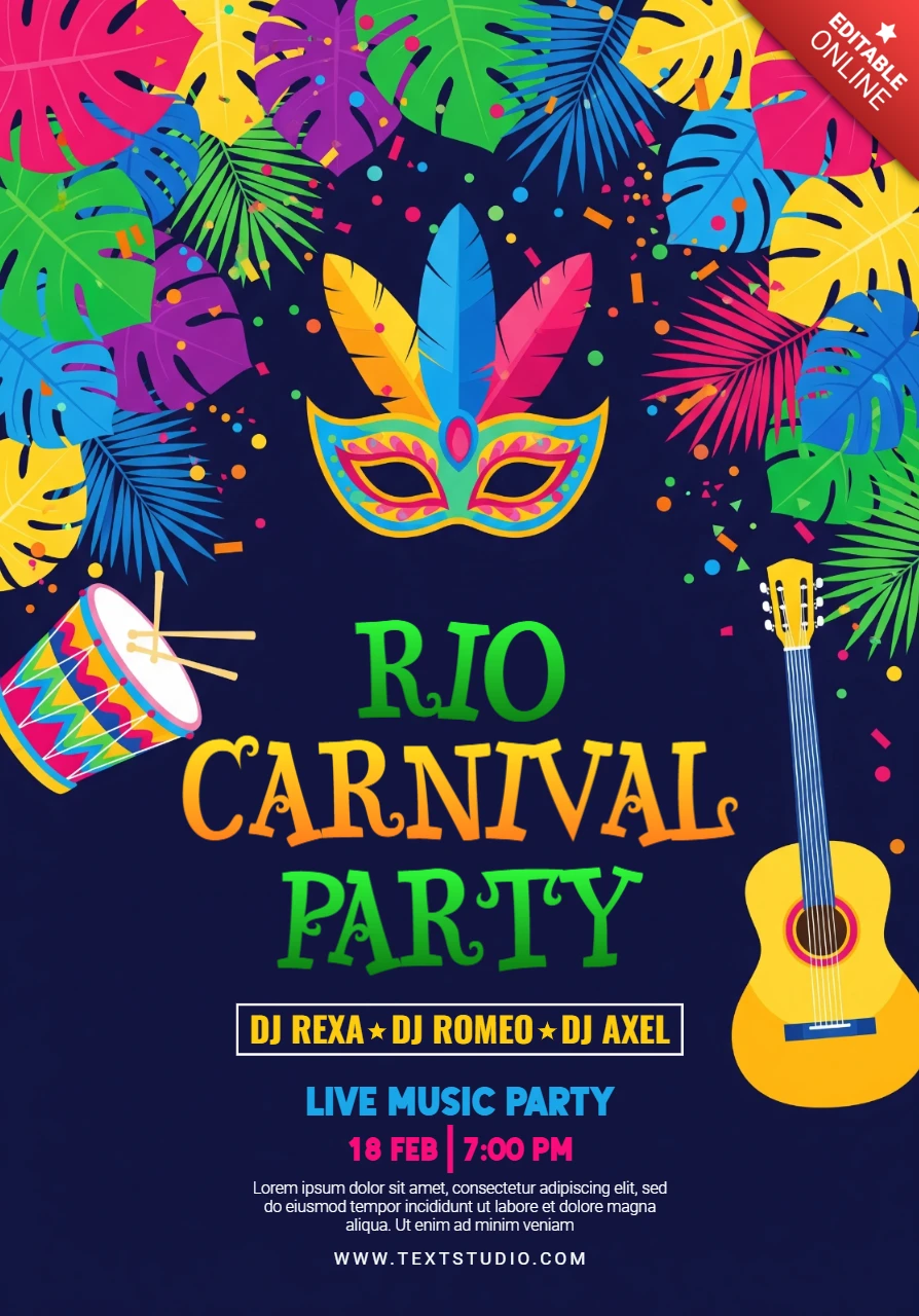 Rio Carnival Party Poster Dark Blue Background with Mask, Drum, Guitar, and Tropical Leaves