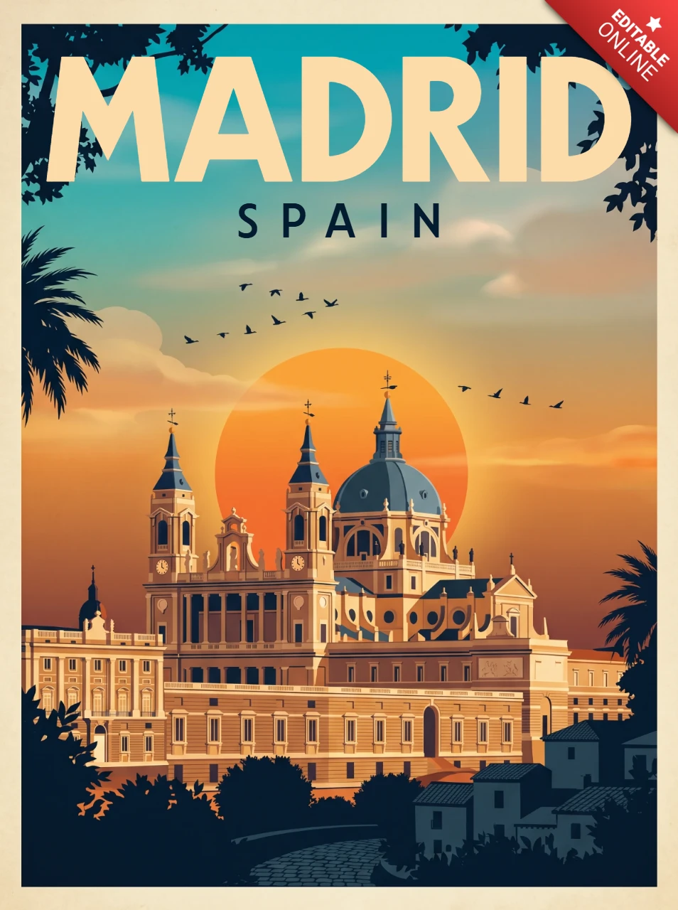 Vintage Retro Spain Travel Wall Art Print Madrid Cathedral Poster Scenic Sunset Skyline Domes Towers Palm Trees Landscape