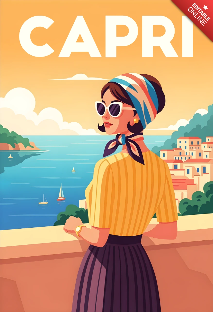 Vintage capri reisposter ontwerp sjabloon met stijlvolle vrouw en schilderachtig uitzicht