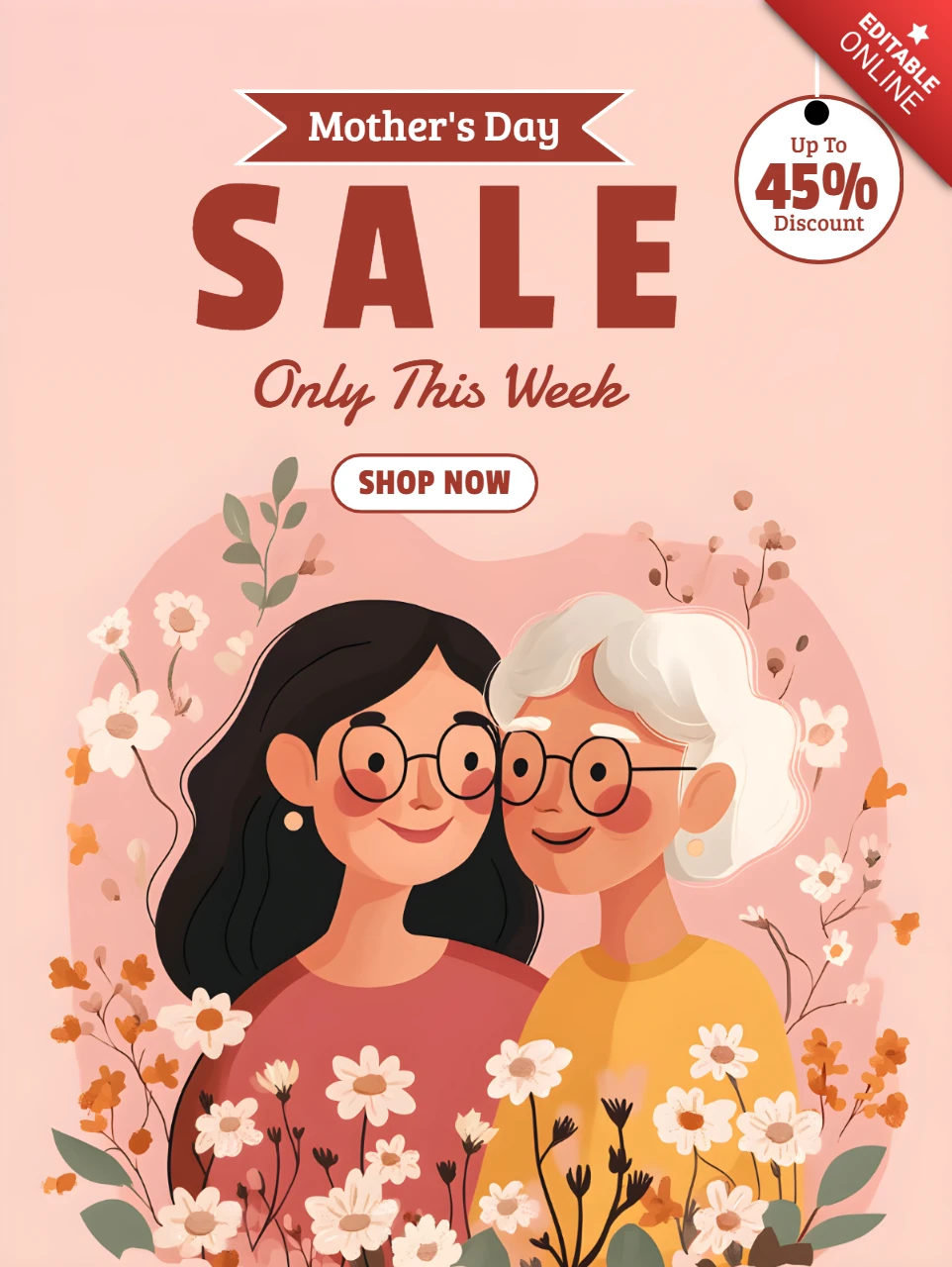 Charmant Moederdag ontwerpsjabloon met bloemenillustraties