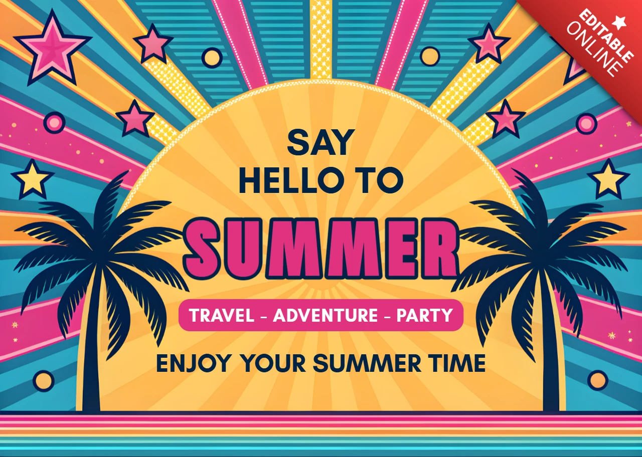 Plantilla de diseño para fiesta de verano con palmeras y estilo de sol radiante retro de los 80.