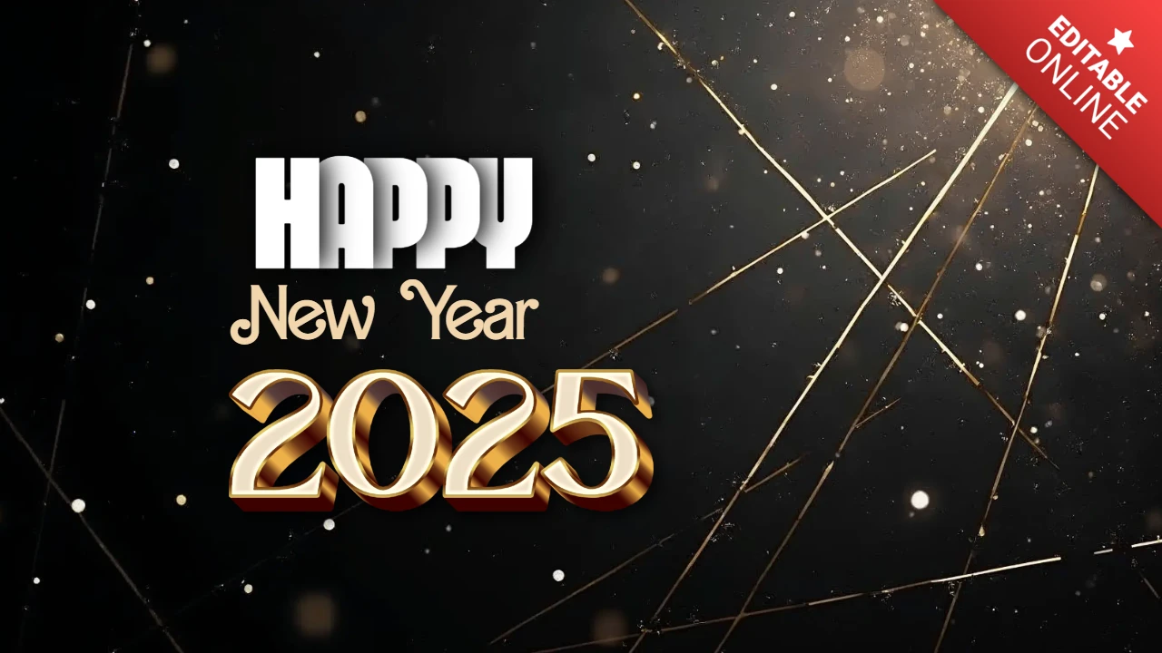 Modèle de carte 2025 pour le nouvel an, noir et or, élégant