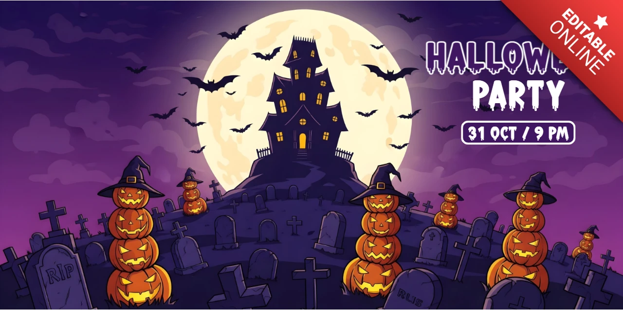 Halloween Party Stacked Pumpkin Scarecrows, Haunted House & Full Moon Youtube Cover Design Template