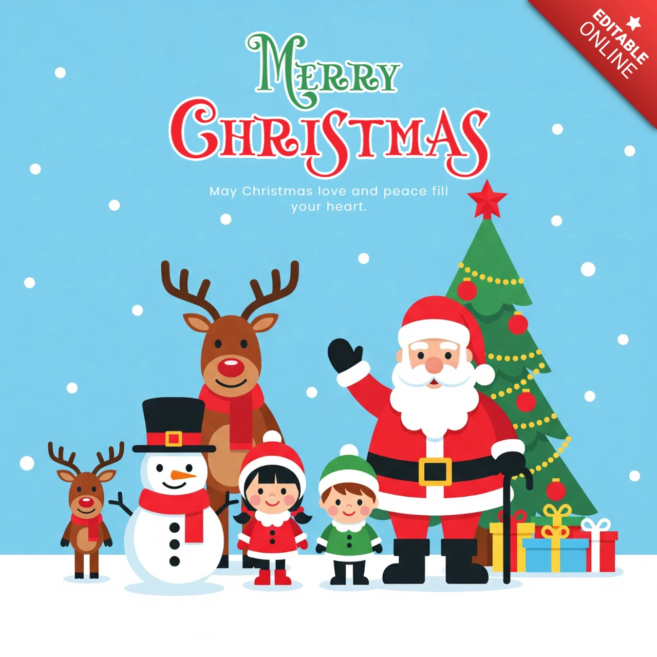 Frohe Weihnachtskarte mit Santa, Kindern, Schneemann und Rentieren, die einen geschmückten Baum und das Gefühl von Liebe und Frieden umrahmen, Posterdesign-Vorlage.