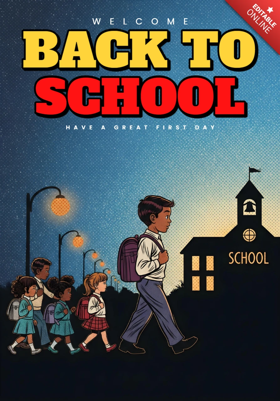 Bienvenue de retour à l'école, étudiants marchant vers le campus de la tour de l'horloge avec des sacs à dos et des lampes allumées, modèle de design d'affiche.