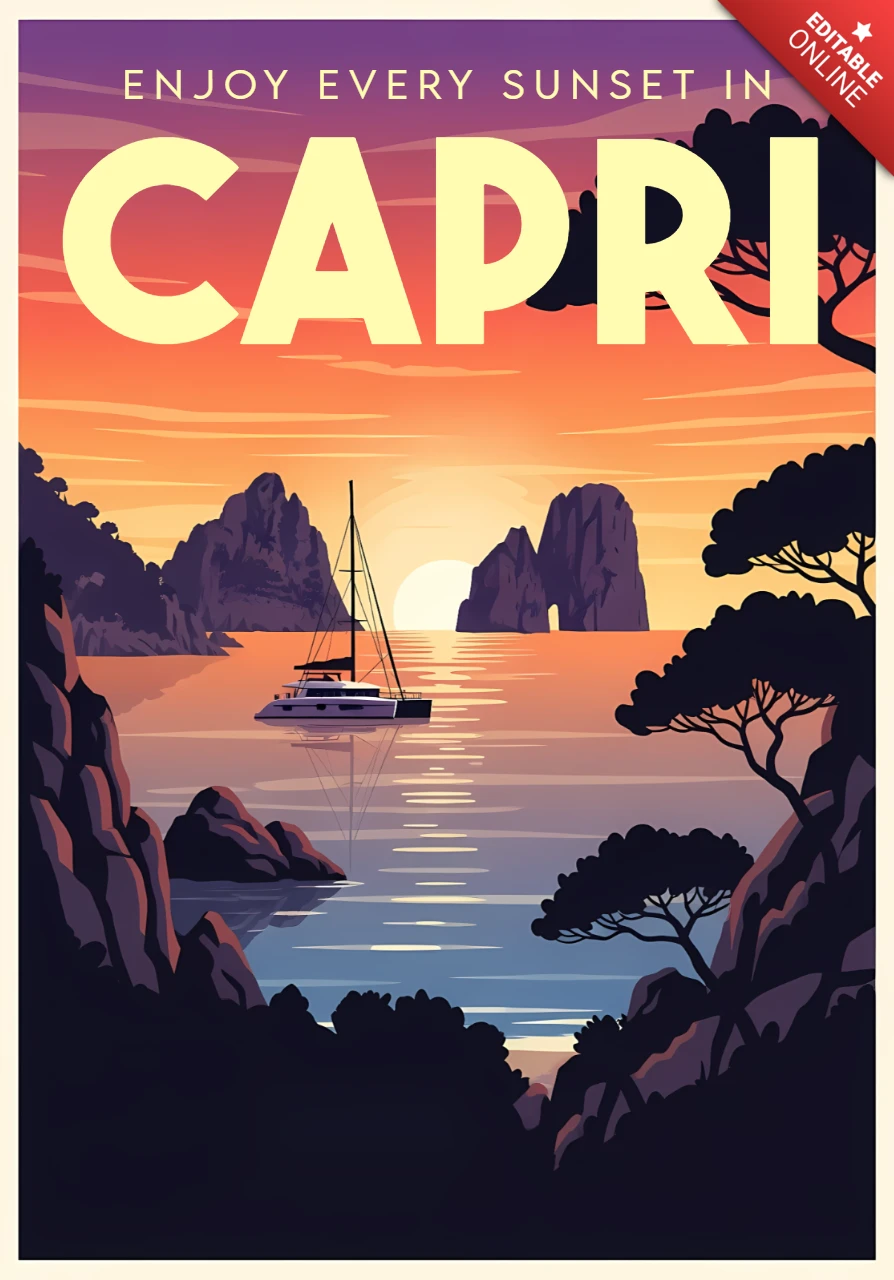 Capri zonsondergang poster ontwerpsjabloon in retro artistieke stijl