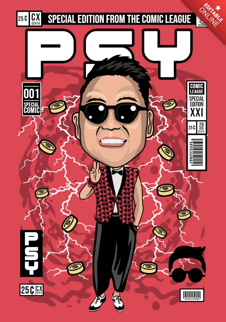 Psy Cartoon Character Magazine Cover Design Template