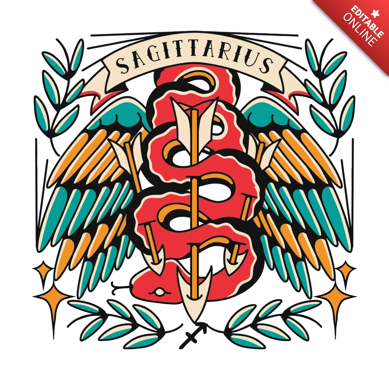 Bold Sagittarius Design Template with Vintage Tattoo Style Elements