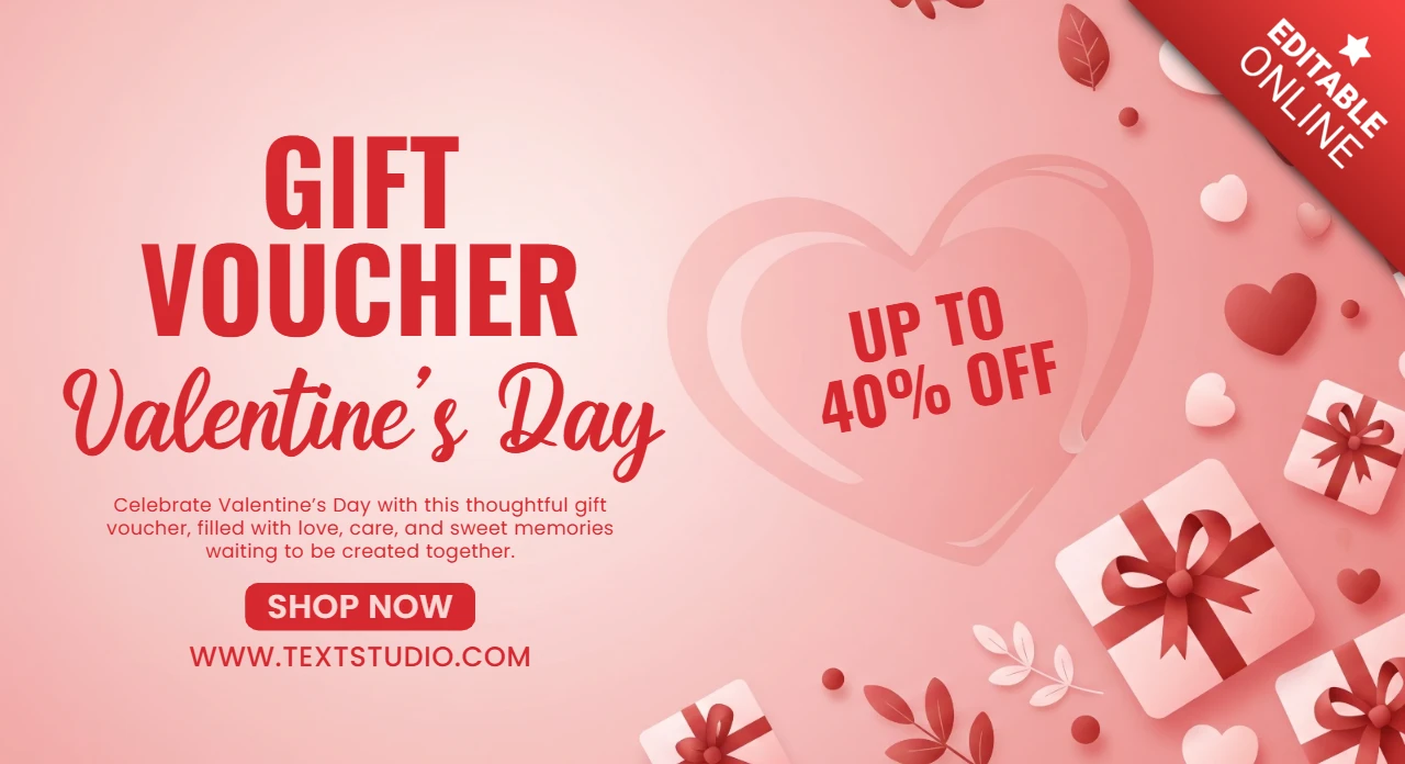 Geschenkgutschein-Designvorlage zum Valentinstag mit dekorativen Herzen, Geschenkkisten und festlichem rosa Hintergrund für romantische Aktionen
