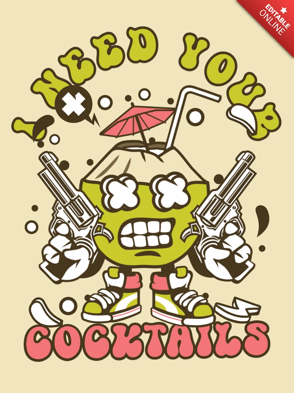 Ich brauche deine Designvorlage für ein Cocktail-Kokosnuss-T-Shirt