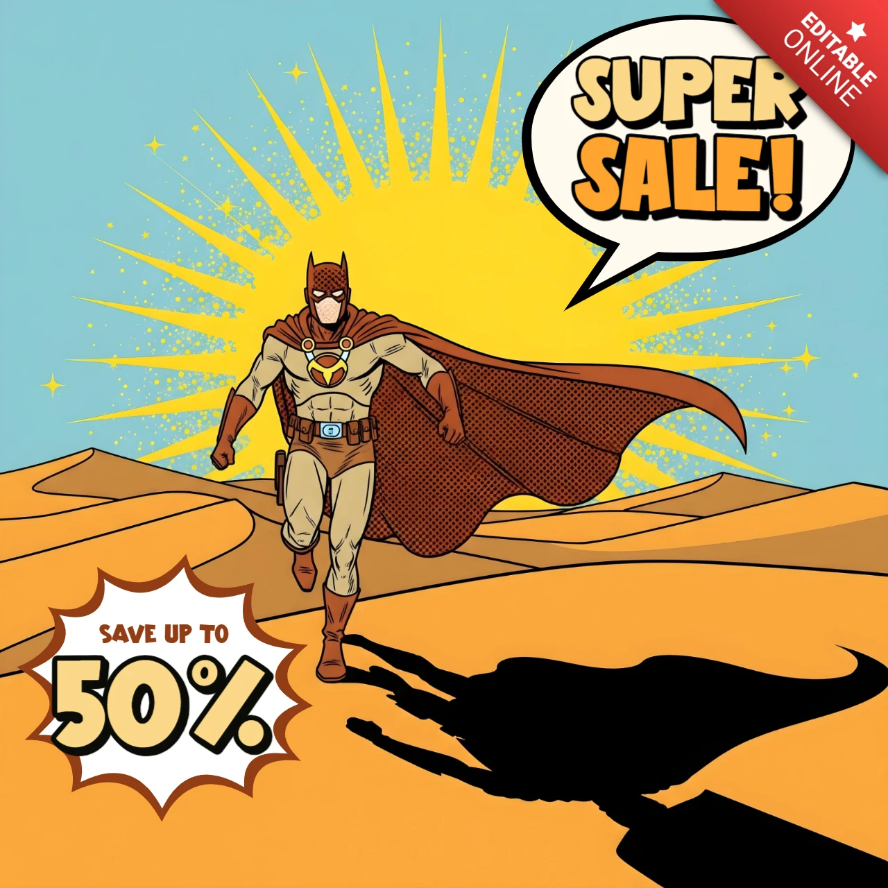 Super Sale Comic Heroischer Wüstenlauf mit rotem Umhang & Sonnenstrahlen-Designvorlage für Werbeflyer