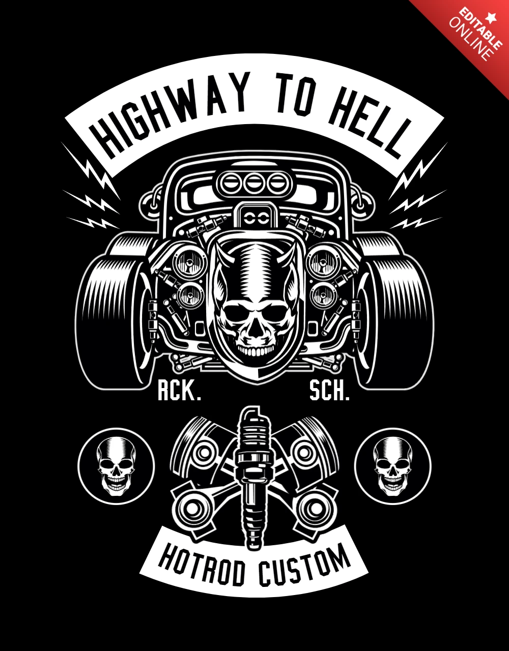 Modèle de t-shirt tête de mort Highway to hell hot rod car