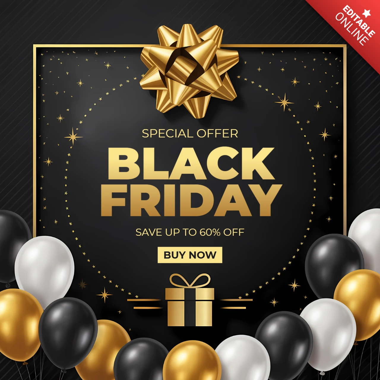 Modelo de design de venda de Black Friday com laço dourado e balões para panfletos promocionais